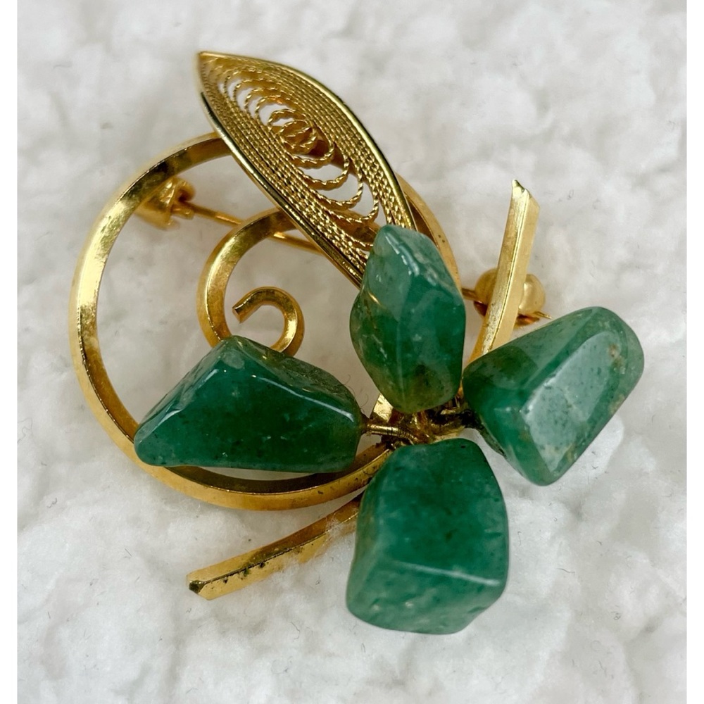 (VTG) Gold/Jade Clover and Leaf Brooch - Picture 7 of 10